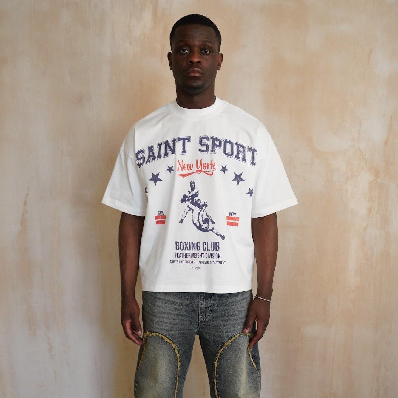 White Saint Mind oversized cotton t-shirt with printed logo, medium size on 5ft10 model