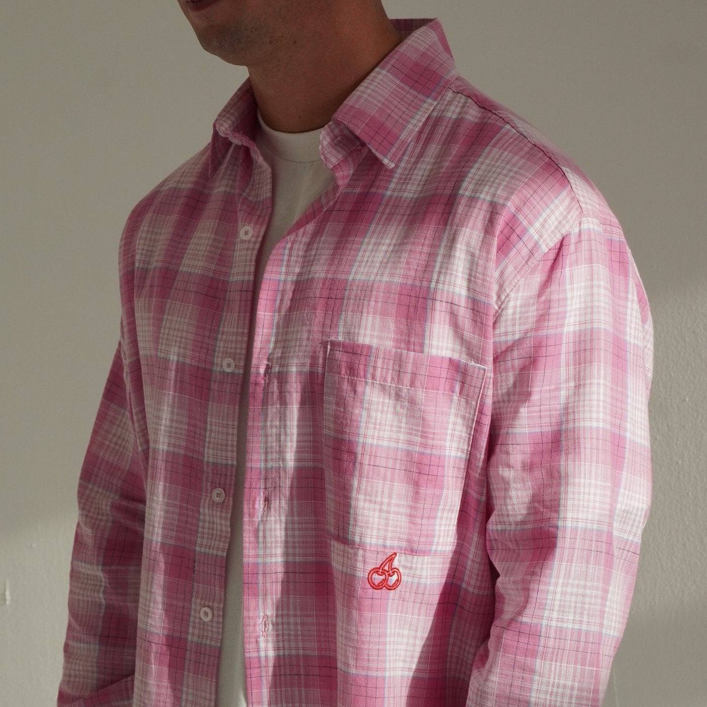 Cherry Location Pink Shirt with white and pink plaid pattern and embroidered cherry logo on pocket