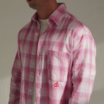Cherry Location Pink Shirt with white and pink plaid pattern and embroidered cherry logo on pocket