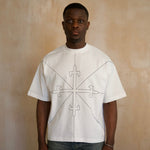 White oversized Saint Mind Wavy Zip Up Hoodie with embroidery on front and back, 100% cotton, worn by 5ft10" model