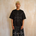 Black Saint Mind Pathway oversized cotton T-shirt with embroidery, worn by 5ft10 model