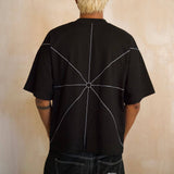 Black Saint Mind Pathway T-shirt with embroidery, oversized boxy fit, 100% cotton, worn by model 5ft10" in medium size