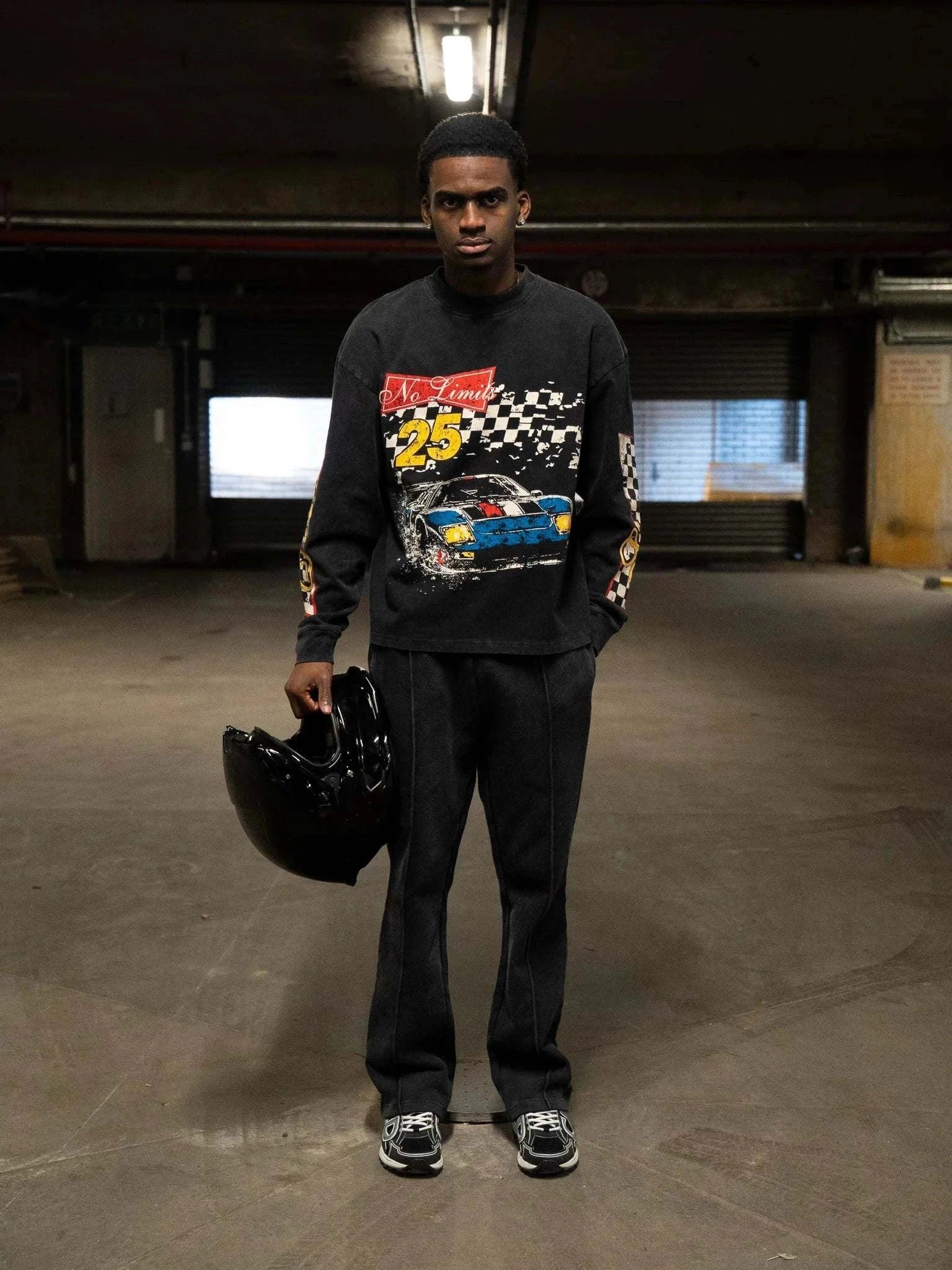 Siarr No Limits oversized black long sleeve tee with ribbed neck and screen print, heavy cotton fabric