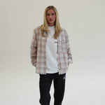 woman wearing Cherry Location Beige Shirt with plaid pattern and casual outfit