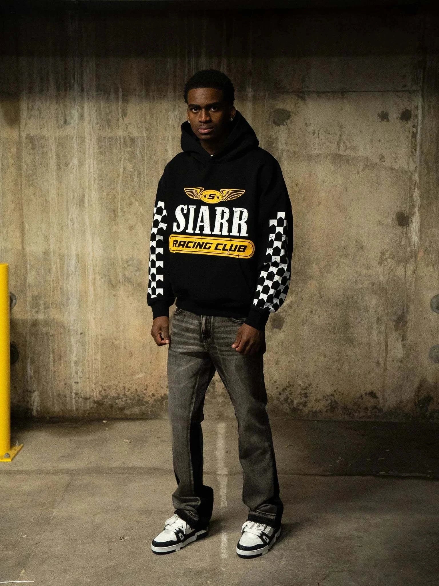 Siarr Racing Club Hoodie black pullover with kangaroo pocket and ribbing, 100% cotton regular fit