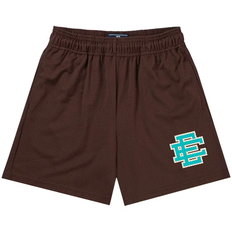 Eric Emanuel brown mesh shorts with aqua EE logo