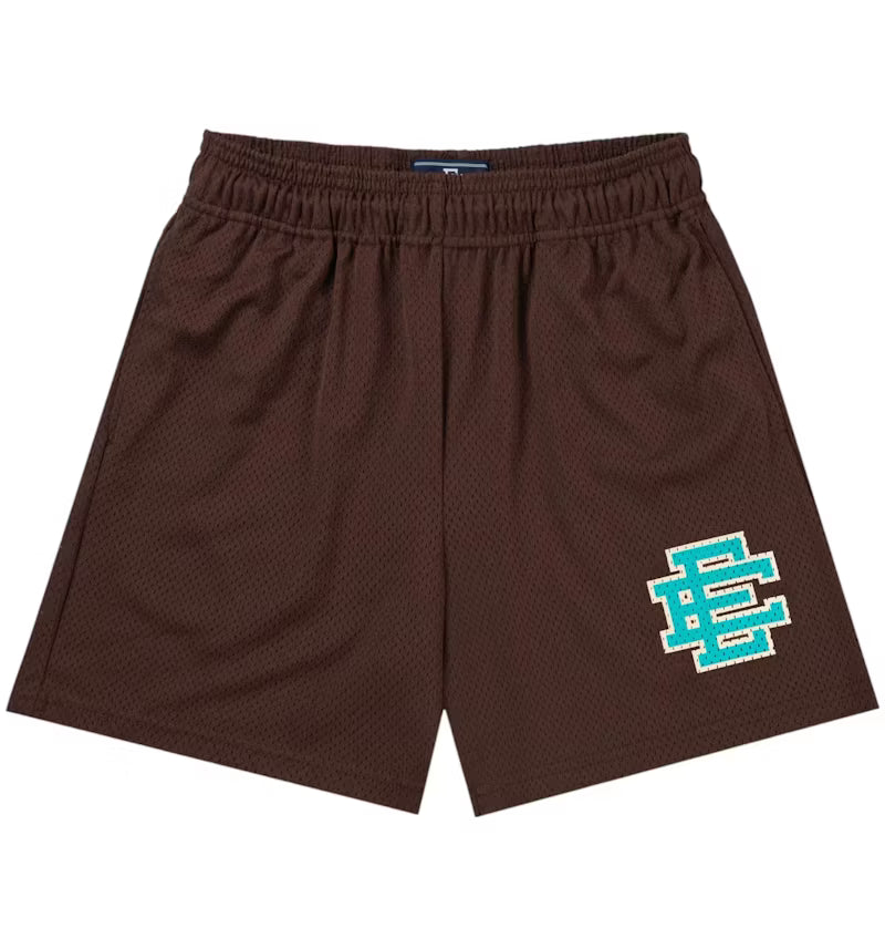 Eric Emanuel brown mesh shorts with aqua EE logo