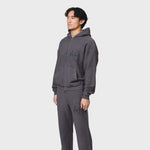 Annie Hood College Zip in washed black, relaxed fit brushback cotton zip-up hoodie.