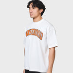White ANNIE HOOD college arch t-shirt in relaxed fit, 280gsm cotton, worn by 6'0" model