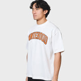 White ANNIE HOOD college arch t-shirt in relaxed fit, 280gsm cotton, worn by 6'0" model