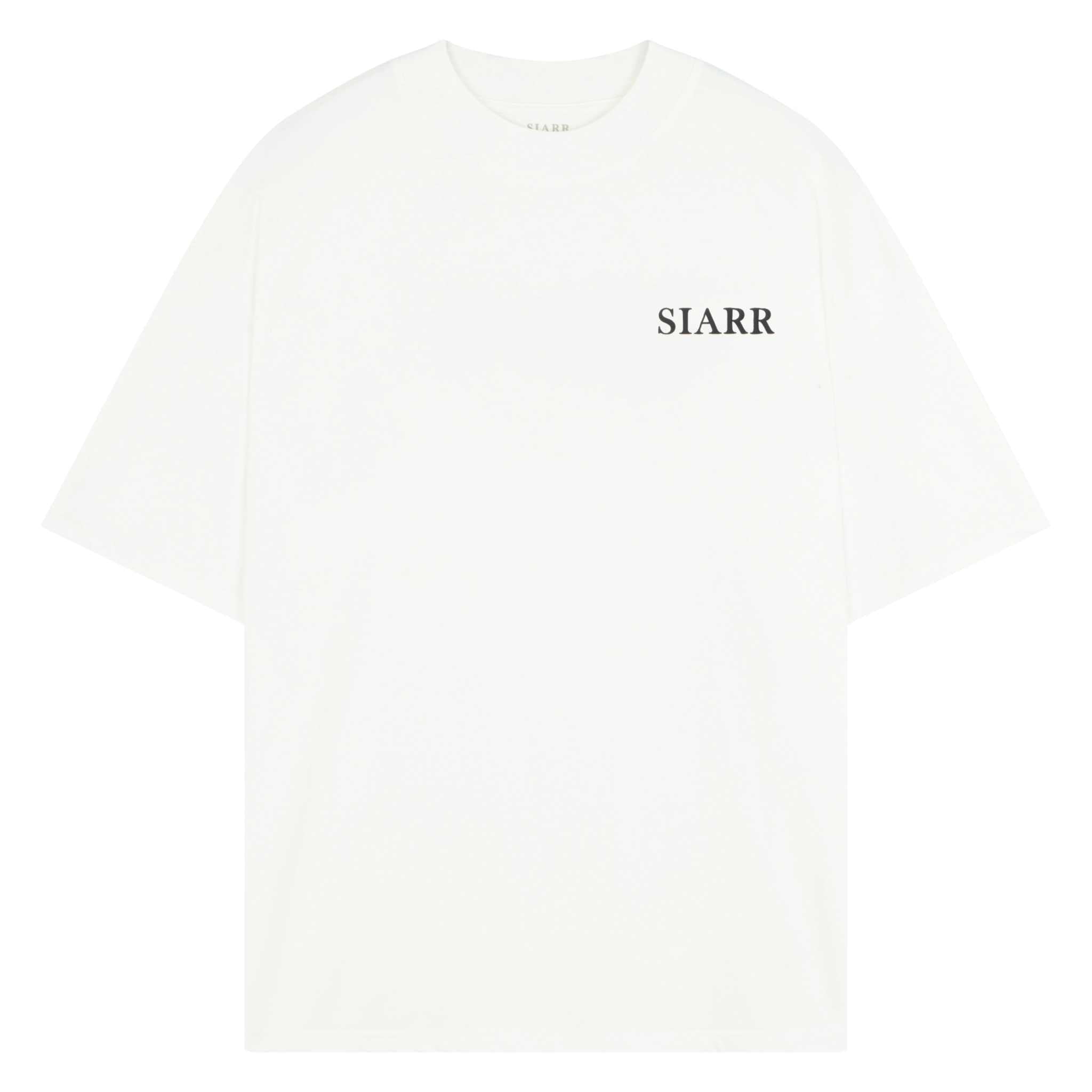 Siarr Puff Tee White/Black, oversized fit, ribbed neck, 100% cotton, puff print.