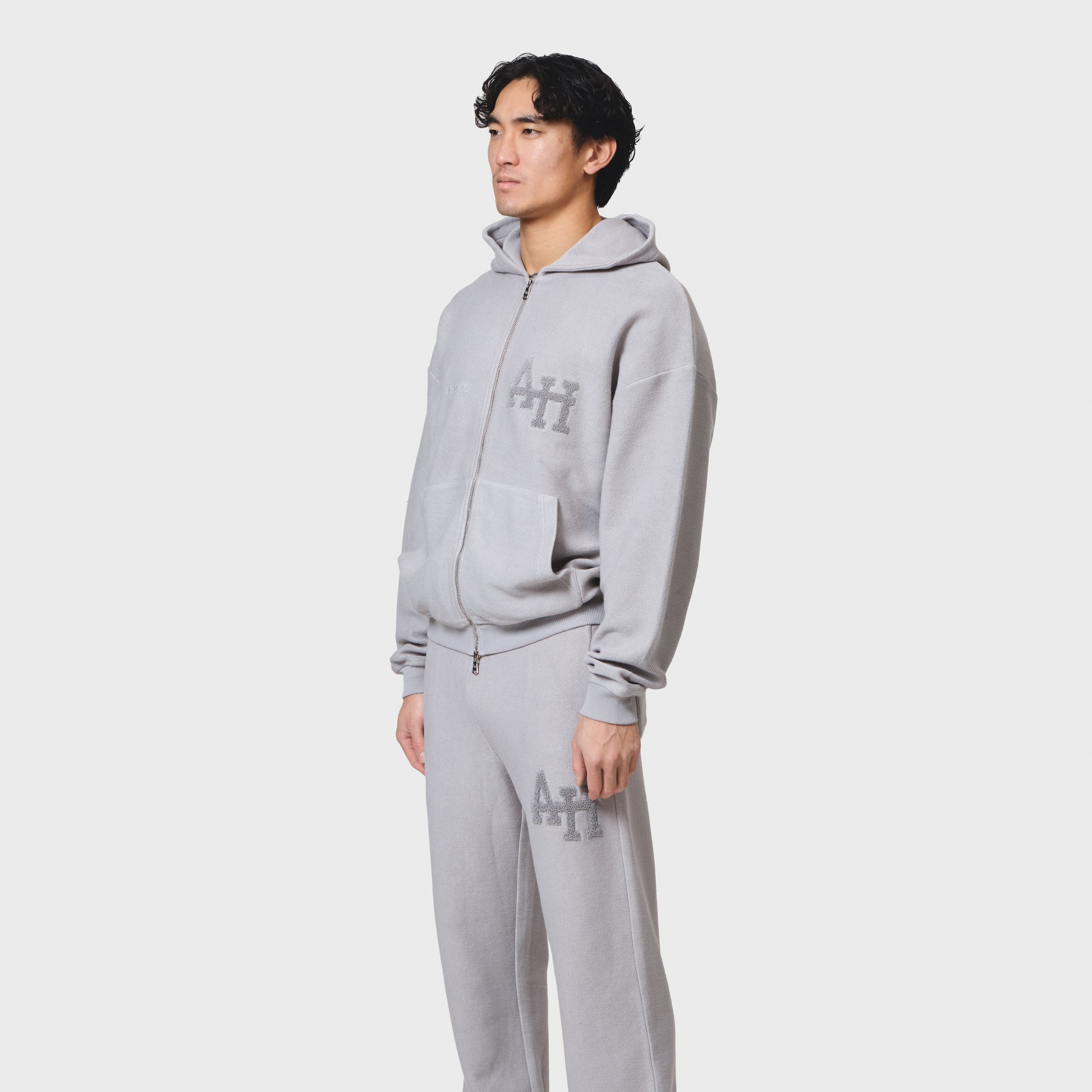 ANNIE HOOD COLLEGE ZIP washed grey 500gsm brushback cotton relaxed fit garment dyed hoodie