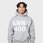 Grey Annie Hood Applique Hoody in relaxed fit made from 500gsm brushback cotton, worn by 6'0 model