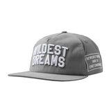 Grey and white Wildest Dreams Varsity Cap with bold embroidered lettering and flat brim