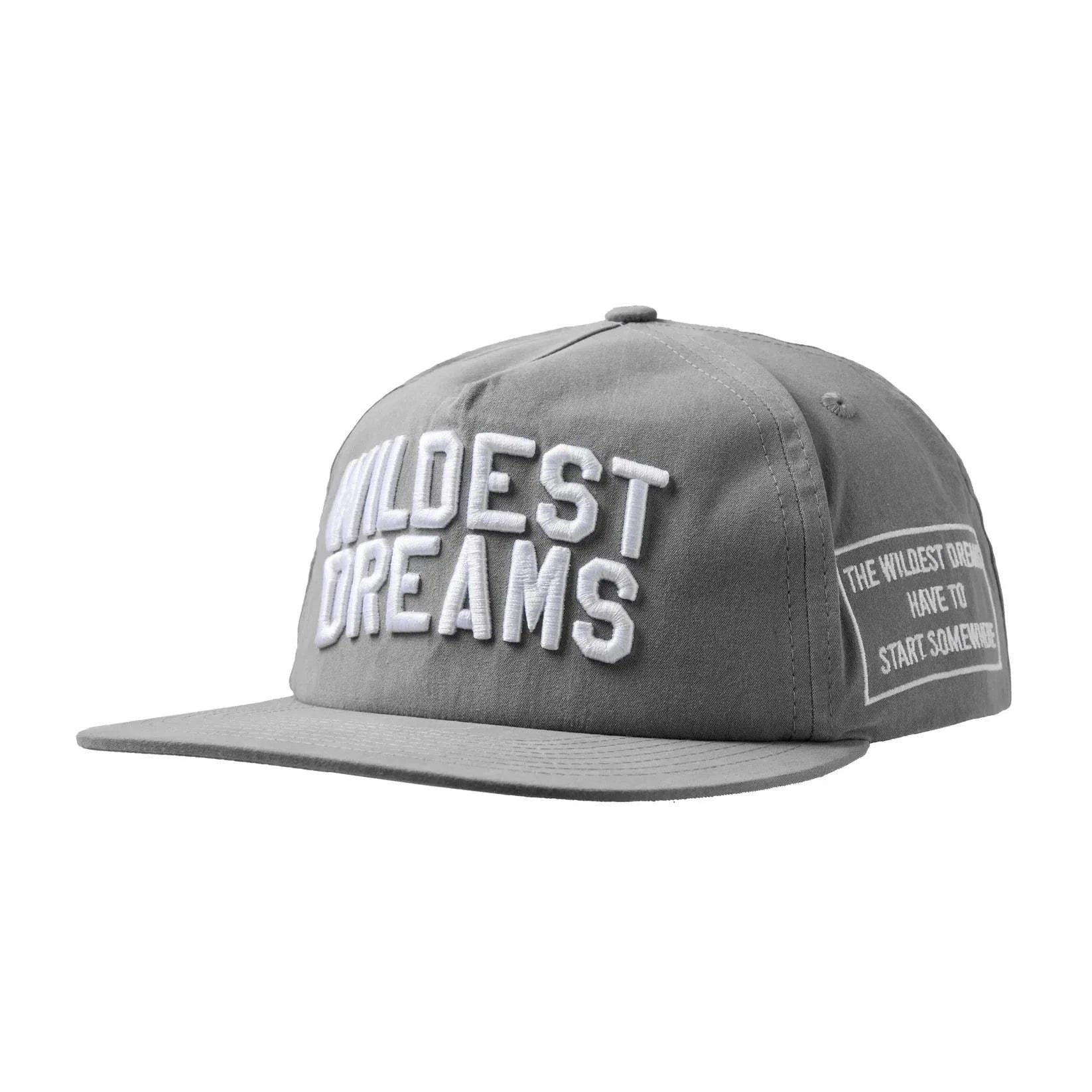 Grey and white Wildest Dreams Varsity Cap with bold embroidered lettering and flat brim