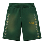 Suavo World studded sweat shorts in forest green with rhinestone side detailing and orange logo