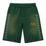 Suavo World studded sweat shorts in forest green with rhinestone side detailing and orange logo