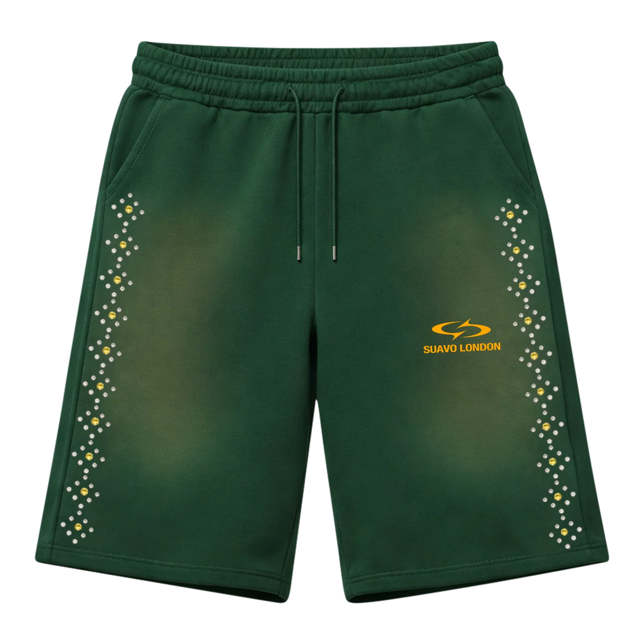 Suavo World studded sweat shorts in forest green with rhinestone side detailing and orange logo