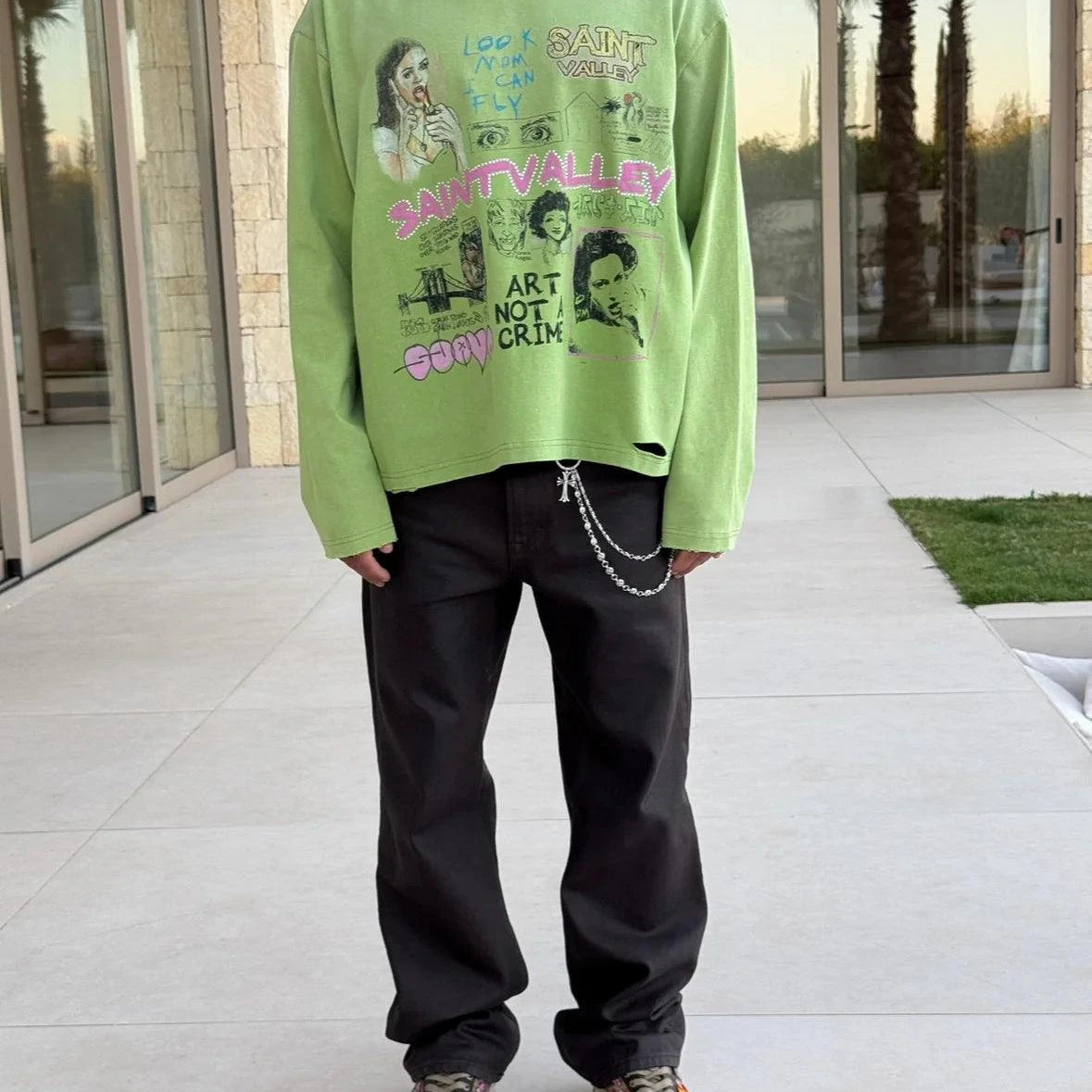 Suavo World Mom long sleeve green shirt with faded lime wash and vintage distressed details