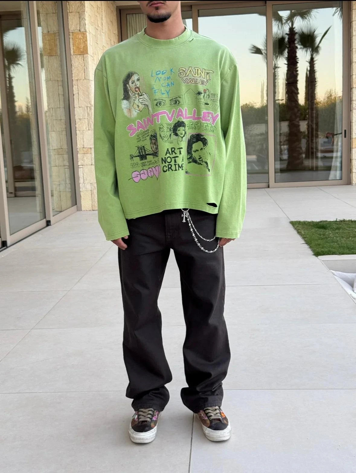 Suavo World Mom long sleeve green shirt with faded lime wash and vintage distressed details