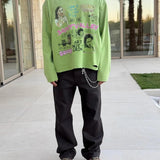 Suavo World Mom long sleeve green shirt with faded lime wash and vintage distressed details