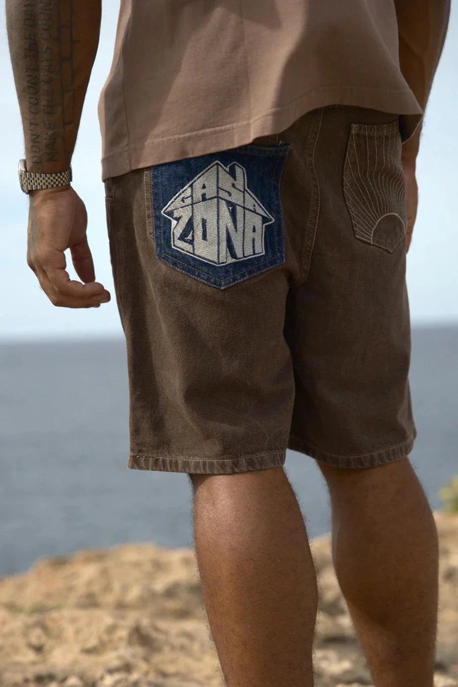Last Lesson Badged Casazøna shorts with denim patch pocket detail
