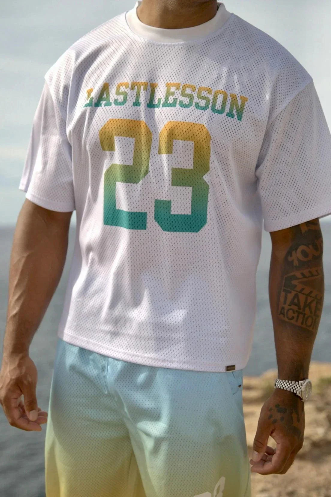 White Last Lesson Gradient Jersey with number 23 on front, worn by male model