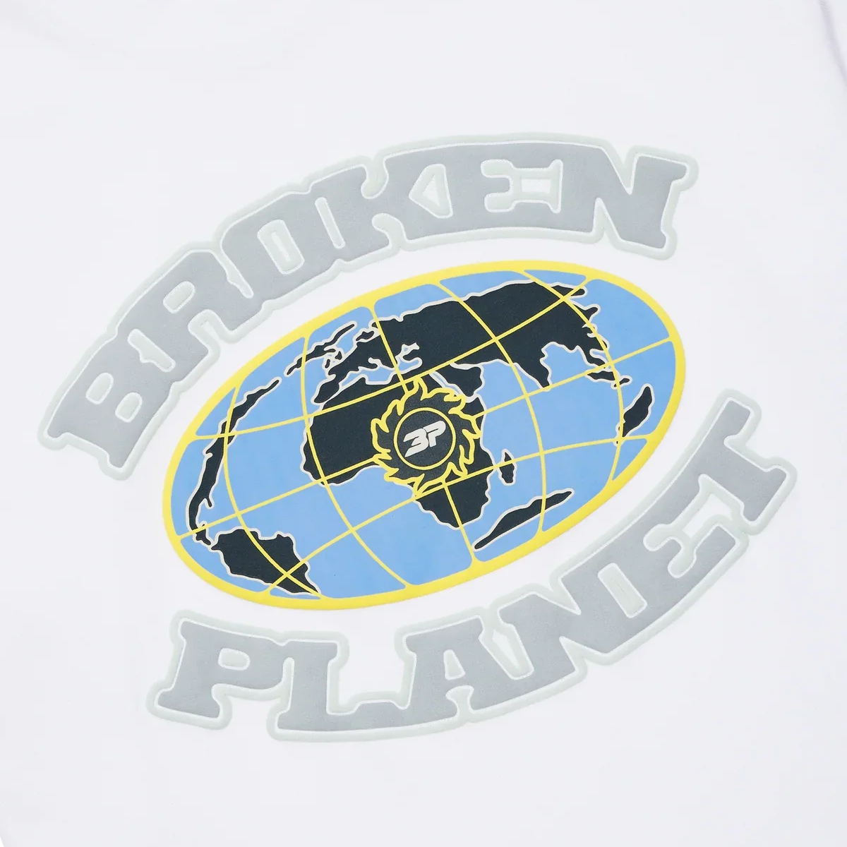 White Broken Planet Grid T-Shirt with blue and black globe graphic and gray text design
