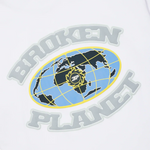 White Broken Planet Grid T-Shirt with blue and black globe graphic and gray text design