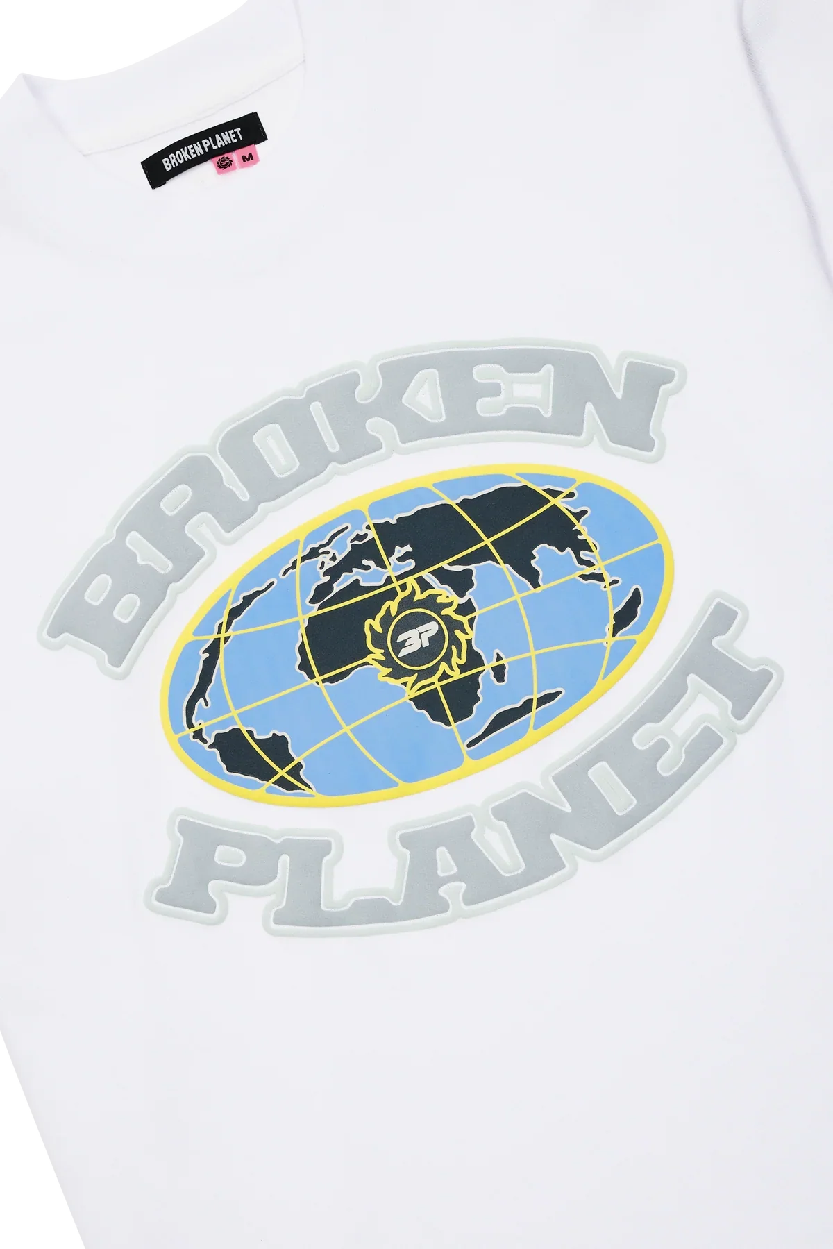 White Broken Planet Grid T-Shirt with blue and black globe graphic and gray text design
