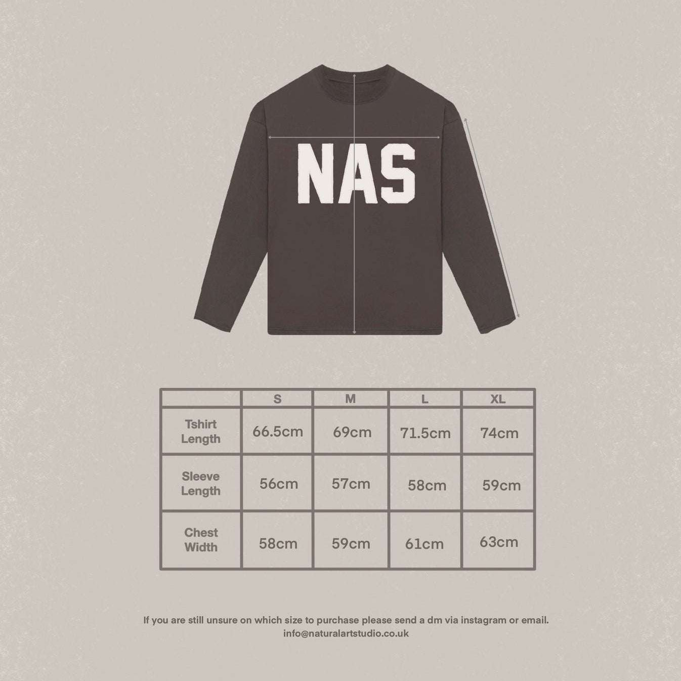 Natural Art Studio Sand Applique cotton long sleeve shirt with distressed front logo and screen print back, boxy fit