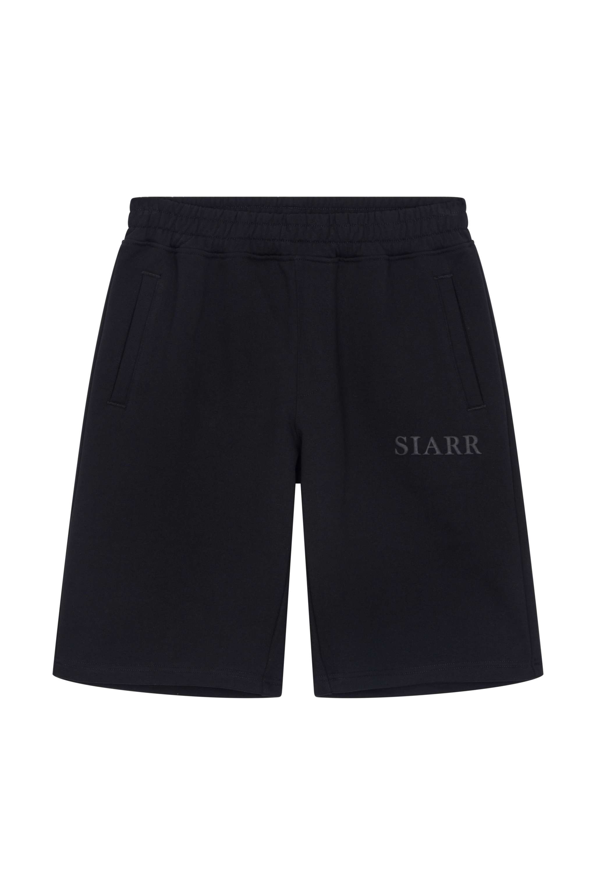 Black Siarr Puff Shorts with straight leg, regular fit, slit pockets, elasticated waistband, cotton fabric.