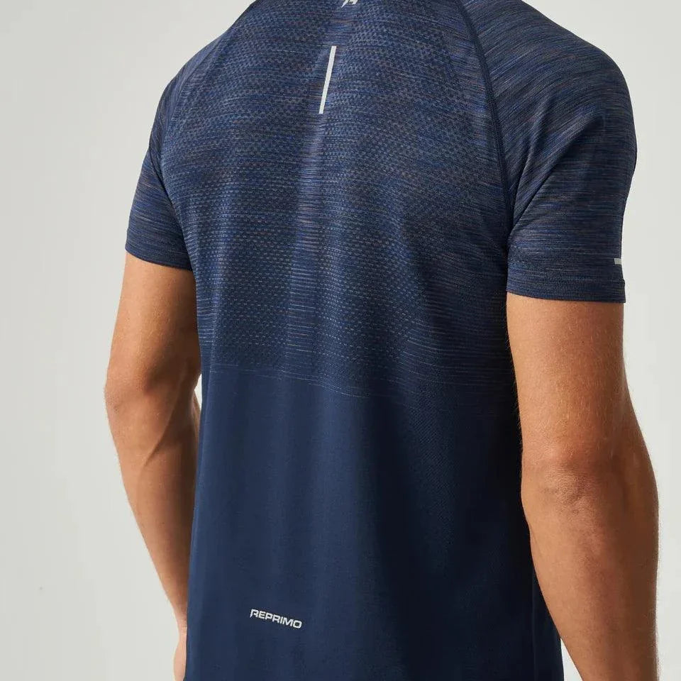 Men wearing navy Reprimo Axis T-Shirt with seamless construction and reflective detailing from the back
