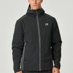 Man wearing black Reprimo Clima Jacket with zip pockets and hood, lightweight windbreaker for outdoor activities