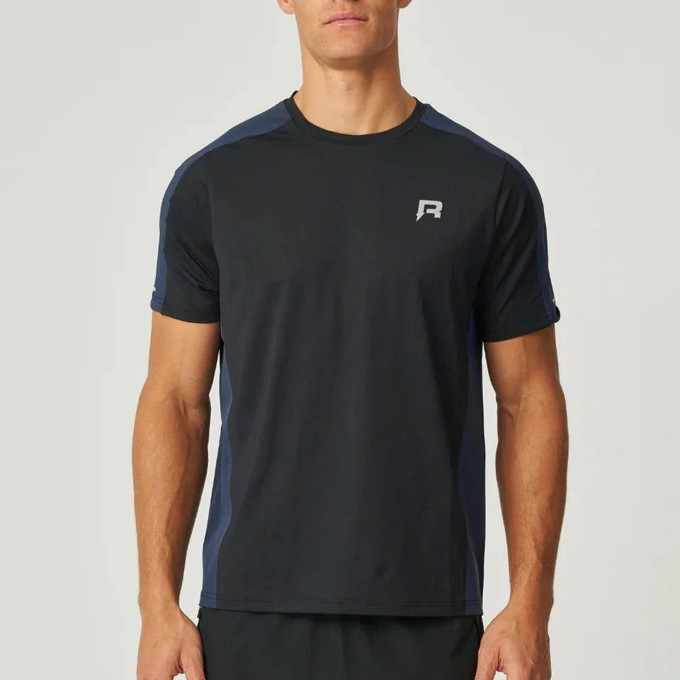 Reprimo Nova T-Shirt black and navy duo-tone design with heat-sealed seams and reflective details worn by male model