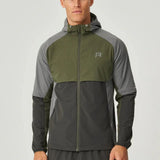Reprimo Vortex Windbreaker olive and dark grey lightweight wind-resistant jacket with reflective details and ergonomic fit on male model
