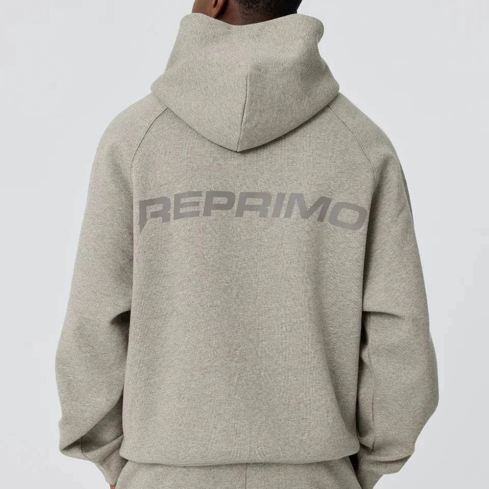 Back view of grey Reprimo Collective Hoodie with reflective branding on brushed-back jersey fabric