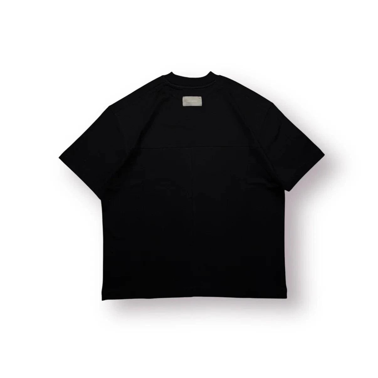 Black Baire Atelier Blank Tee with high neckline, dropped shoulder, relaxed fit, and custom back paneling