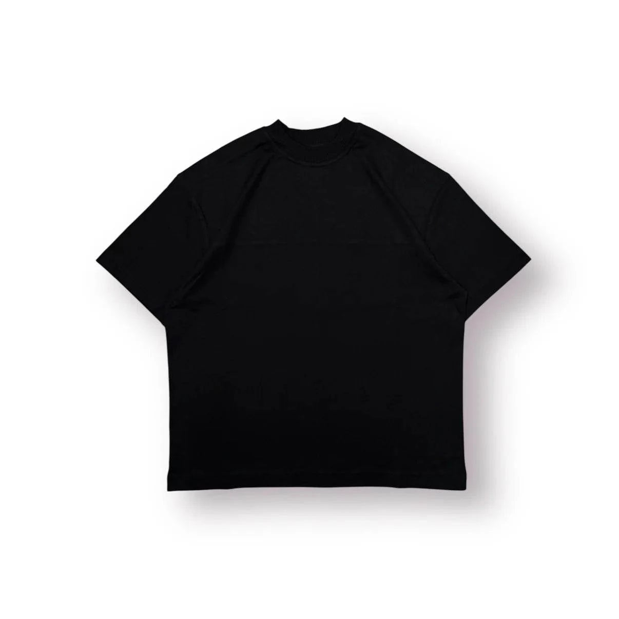 Black Baire Atelier Blank Tee with high neckline, dropped shoulder, and custom back paneling