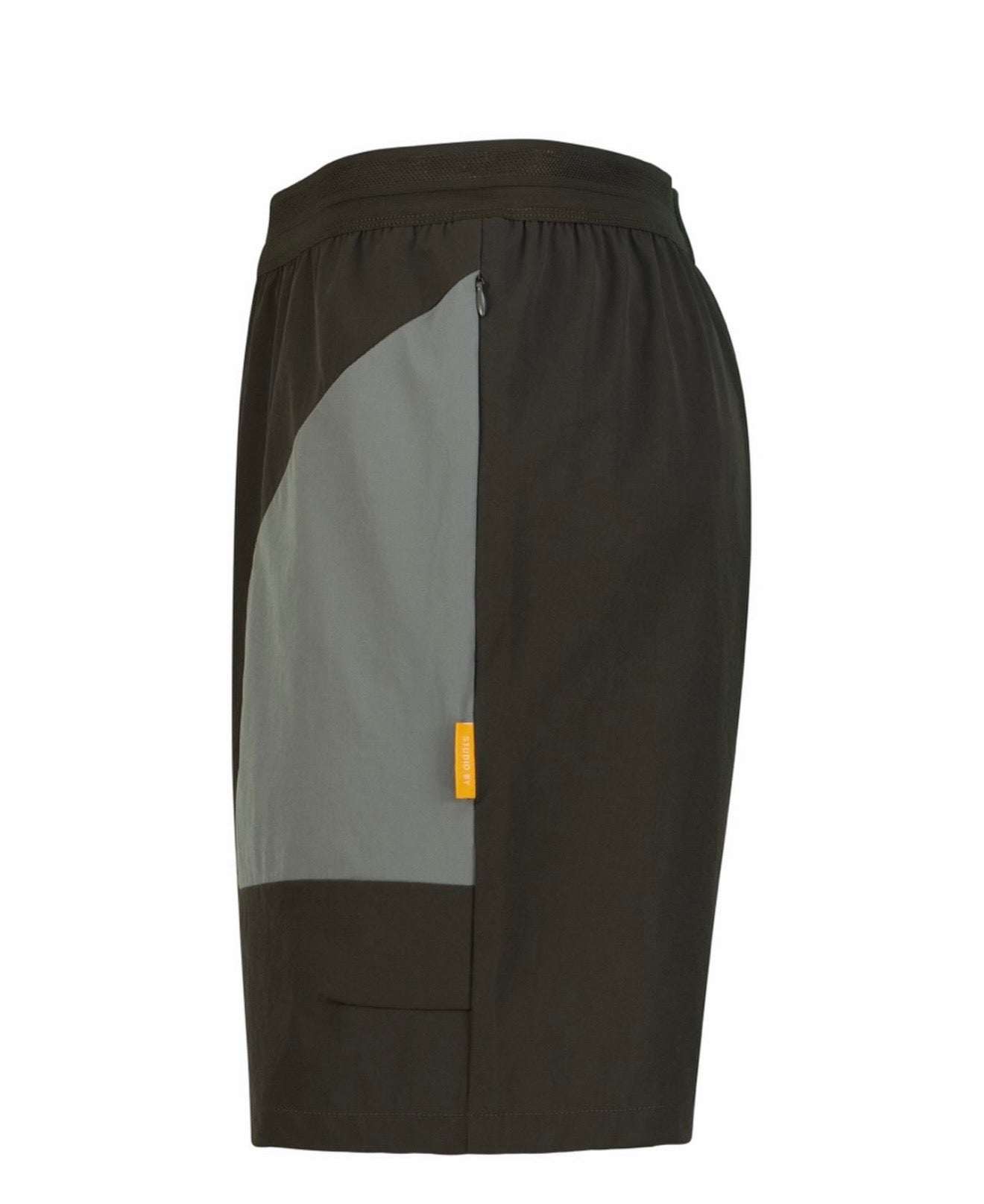 Studio By Charles Khaki Two Tone Studio Short hanging on wooden hanger against white background
