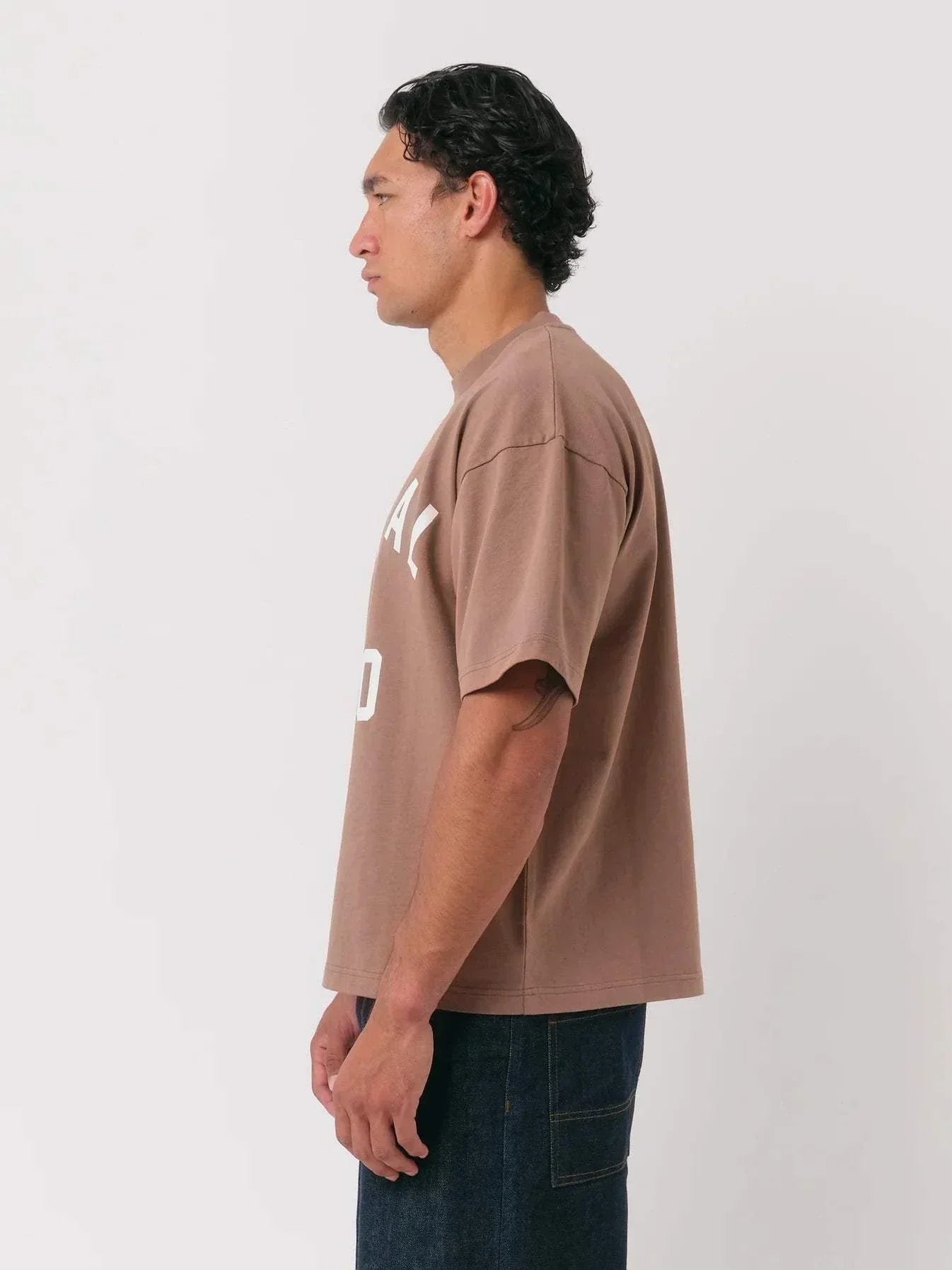 Natural Art Studio mocha boxy fit oversized cotton t-shirt with front and back logo print