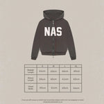 Dark grey Natural Art Studio NAS appliqué hoodie with front pockets and white NAS logo