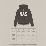 Dark grey Natural Art Studio NAS appliqué hoodie with front pockets and white NAS logo