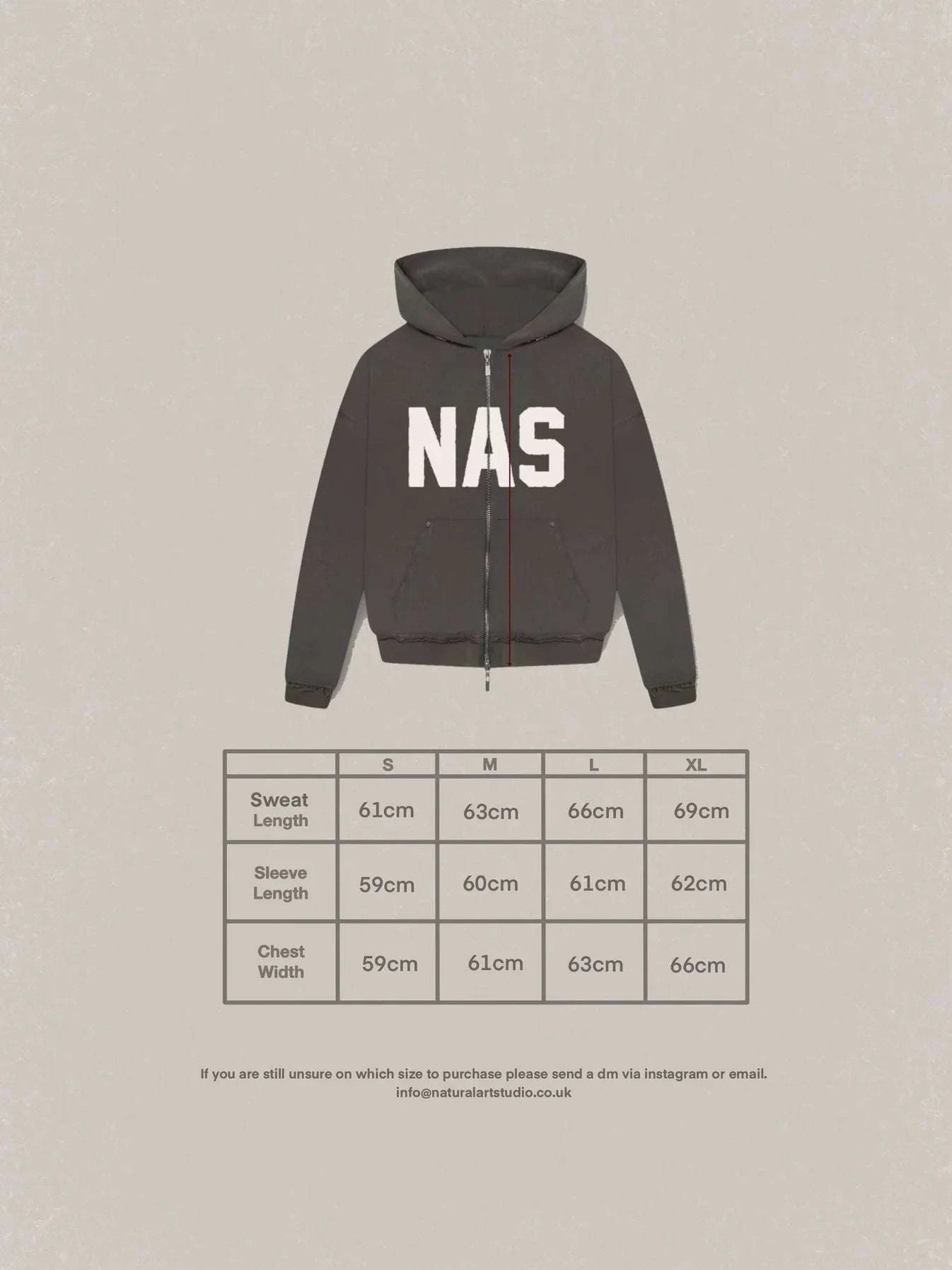 Dark grey Natural Art Studio NAS appliqué hoodie with front pockets and white NAS logo
