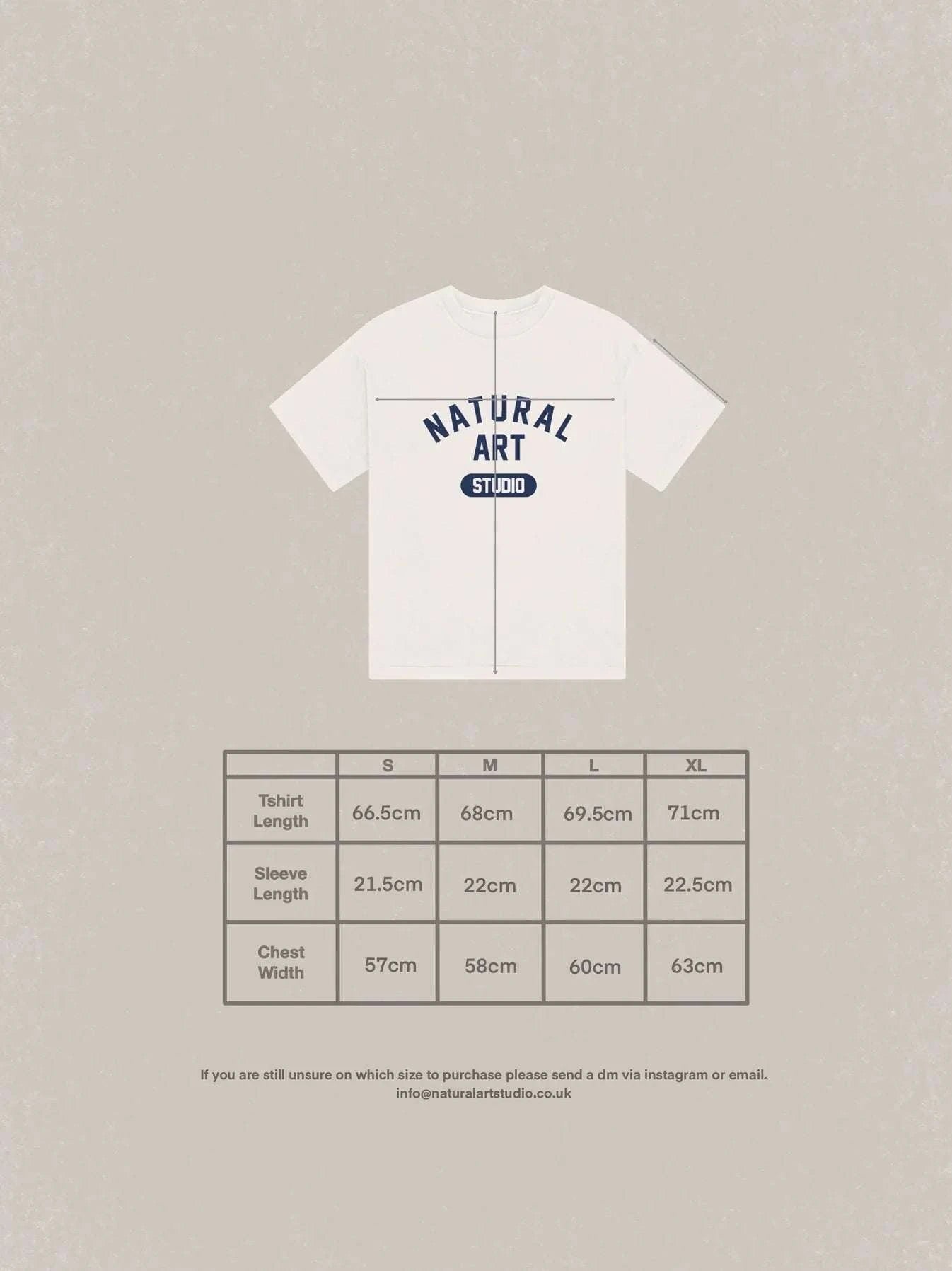 White Natural Art Studio Varsity Tee with navy screen print logo, boxy fit, oversized drop shoulder, made of 100% cotton, 350 GSM.