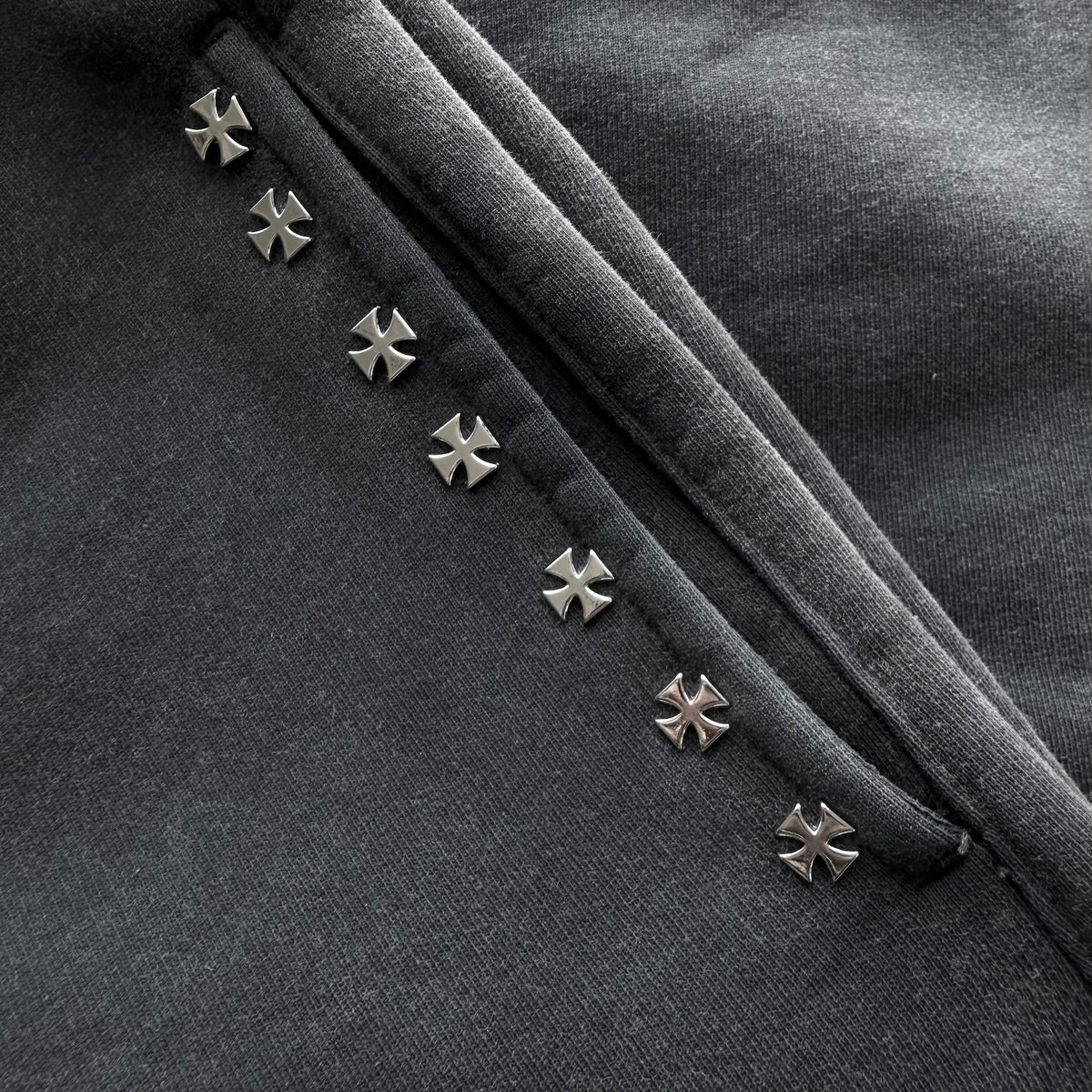 Askyurself Cross Studs Capri Vintage Fleece Shorts in grey with cross stud detailing