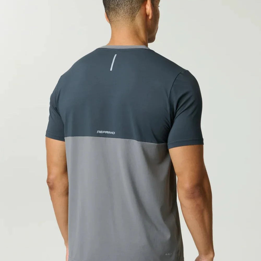 Reprimo Flight T-Shirt in Ash Green with athletic fit, lightweight fabric, two-color block design, and reflective strips for visibility