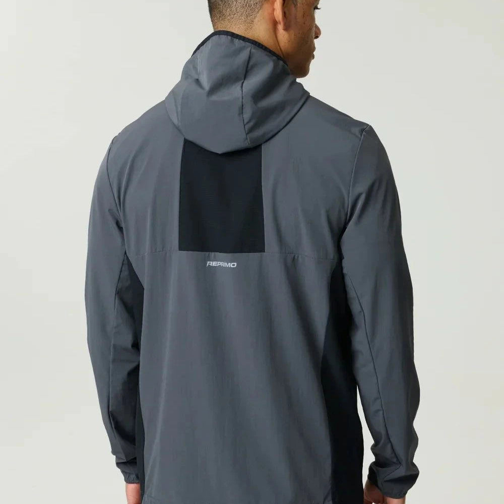 Reprimo Clima Shell Jacket in slate and obsidian with insulated loft fill, reflective branding, and secure zip pockets for cold weather.