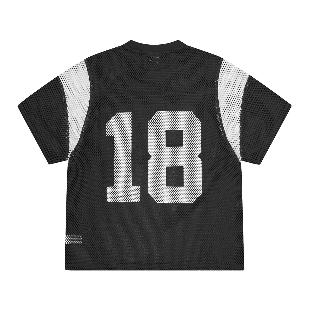 Corteiz Open Mesh black and white jersey with large number 18 on back and mesh panel design