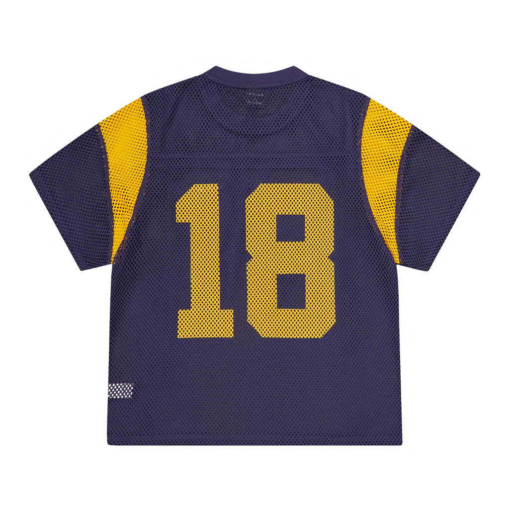 Corteiz Open Mesh navy and yellow sports jersey with number 18 on back